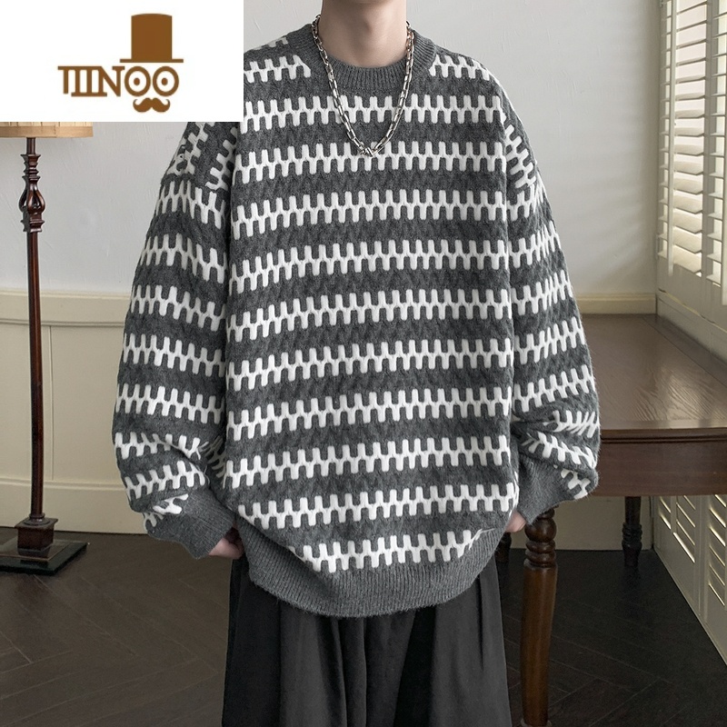 YANXU条纹毛衣男2023年港风潮牌日系复古学生休闲百搭圆领针织衫 灰色 M
