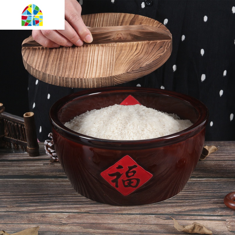 陶瓷加厚福字缸米缸特色农家乐餐具创意土陶缸汤碗猪油盆带盖仿古 FENGHOU 大号盖子(24厘米)高清大图