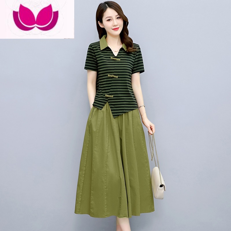 七斓棉麻连衣裙女夏季薄款2023新款女装高端显瘦条纹亚麻套装裙套 军绿色 XXL