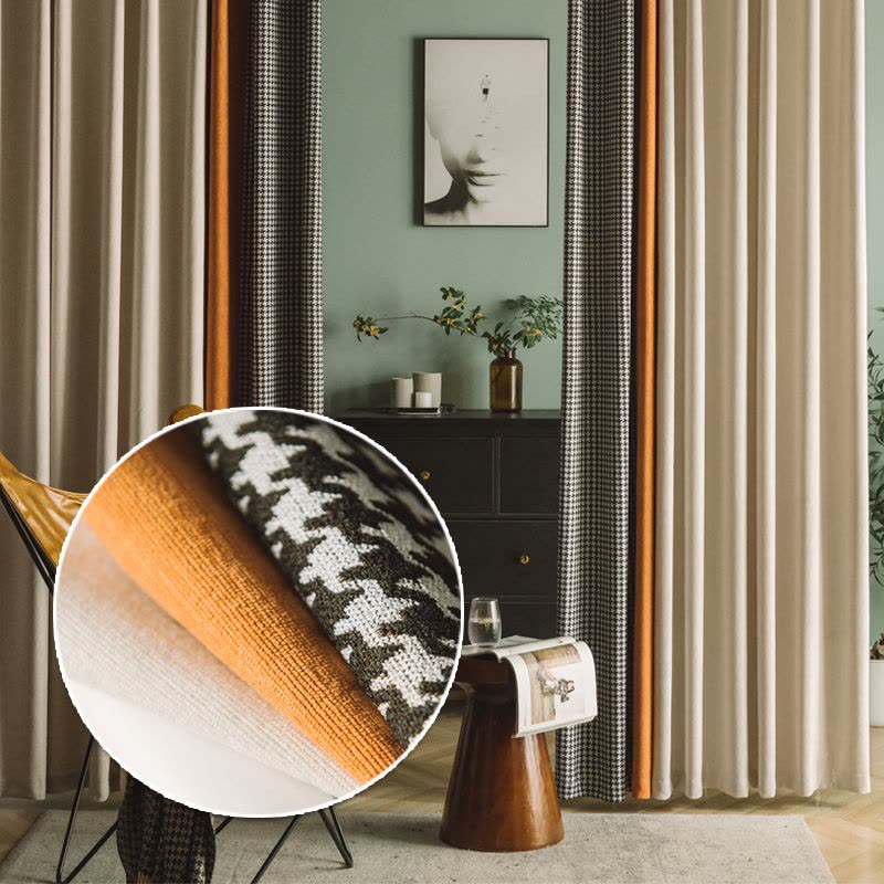 幸福派 遮光窗帘千鸟格北欧简约现代挂钩雪尼尔窗帘打孔窗帘飘窗客厅帘子遮阳布纯色拼色轻奢卧室挂钩窗帘图片