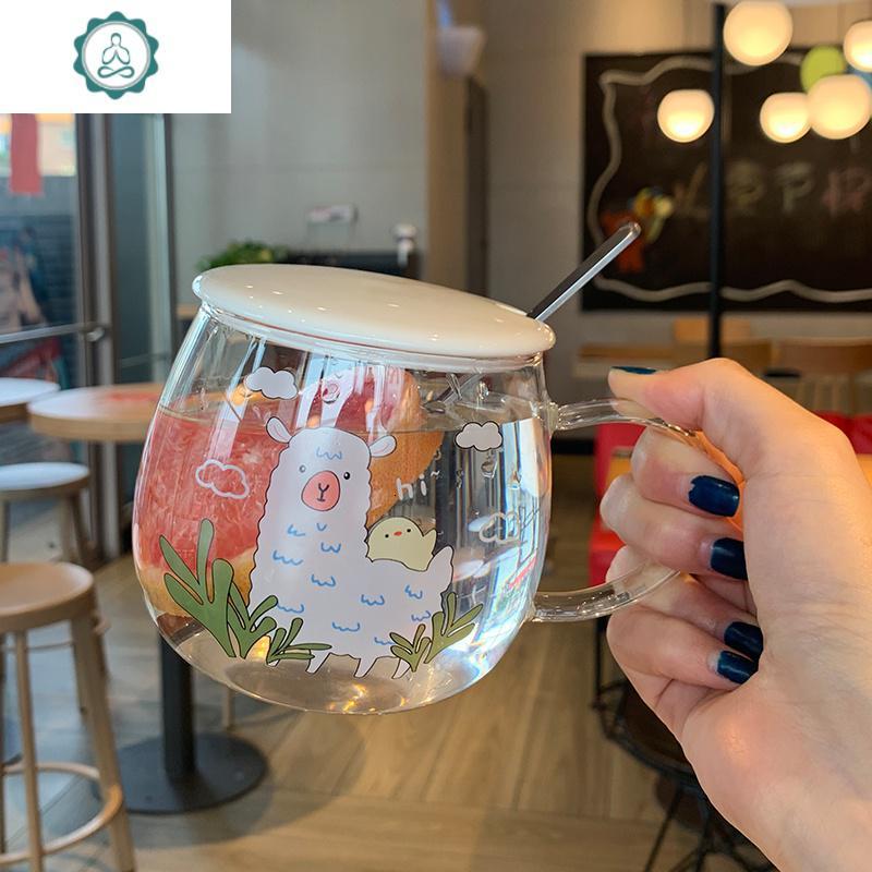 玻璃茶杯透明可爱少女心家用早餐杯带盖牛奶杯子早餐杯