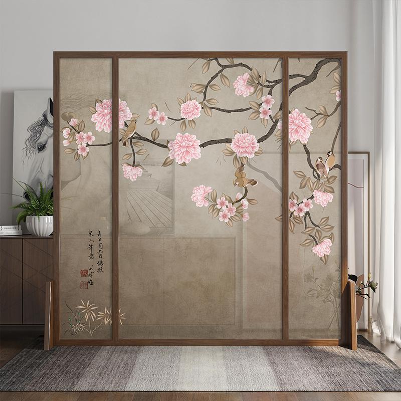 BONJEAN新中式屏风隔断客厅简约布艺玄关木质半透明时尚座屏茶室移动花鸟高清大图