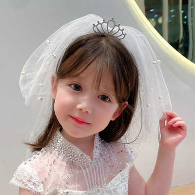 可爱儿童头纱小女孩皇冠头饰发箍女童头箍长款公主宝宝发卡发饰女白色