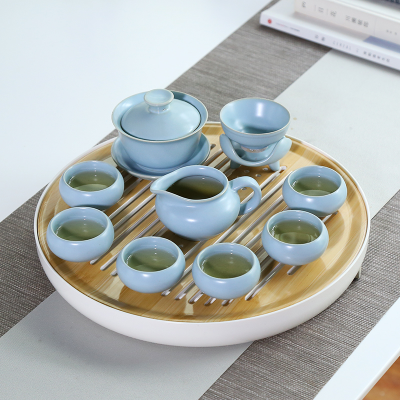 言艺(yanyi) 汝窑功夫茶具套装家用泡茶壶茶杯套装 浅末竹纹配寻青盖碗