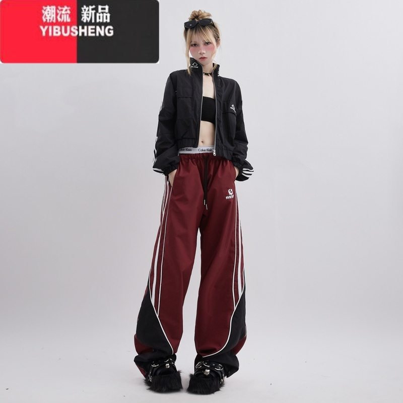 YIBUSHENG美式高街直筒休闲裤女春秋潮牌宽松hiphop百搭抽绳学院风运动长裤