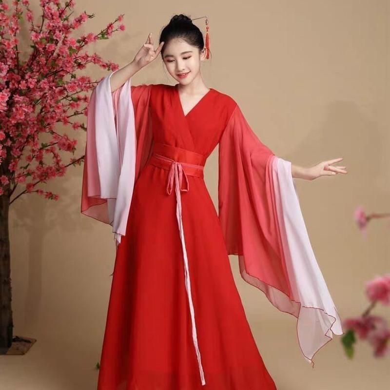 新款汉服女童秋超仙古装长款连衣裙儿童女古筝演奏礼服长袖演出服白色