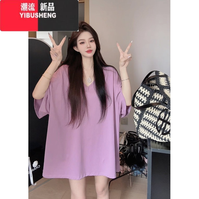 YIBUSHENG白色胖mm大码300斤落肩短袖T恤女季宽松慵懒风梨形身材连衣裙子