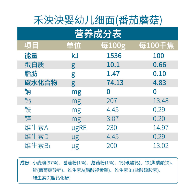 禾泱泱(Rivsea)婴幼儿面条无盐无添加白砂糖营养辅食面条番茄蘑菇味1盒180克