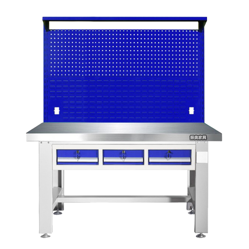振奥 重型304不锈钢工作台维修检验台打包桌 180*750*800平三抽双挂+灯架高清大图