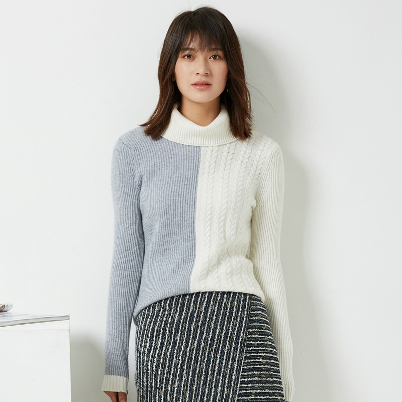 2017秋冬季新款羊绒衫女装翻领修身抽条扭花拼接加厚针织衫