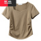YIBUSHENG大码方领正肩短袖t恤女胖mm咖色褶皱收腰短款设计感不规则上衣