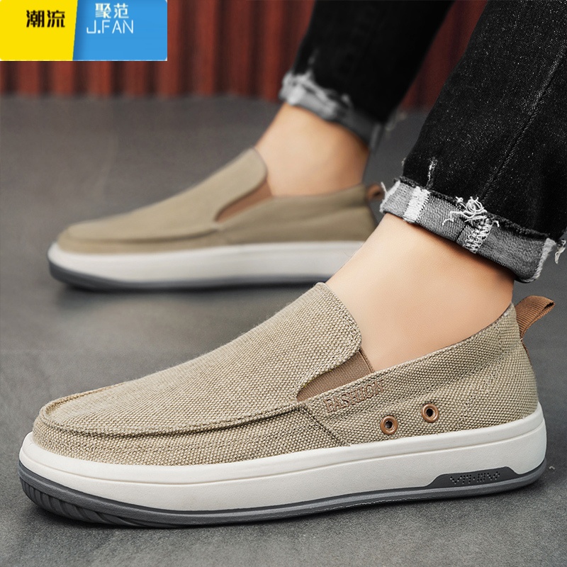 聚范帆布男鞋2024新款夏季透气休闲老北京布鞋懒人一脚蹬厚底运动板鞋高清大图