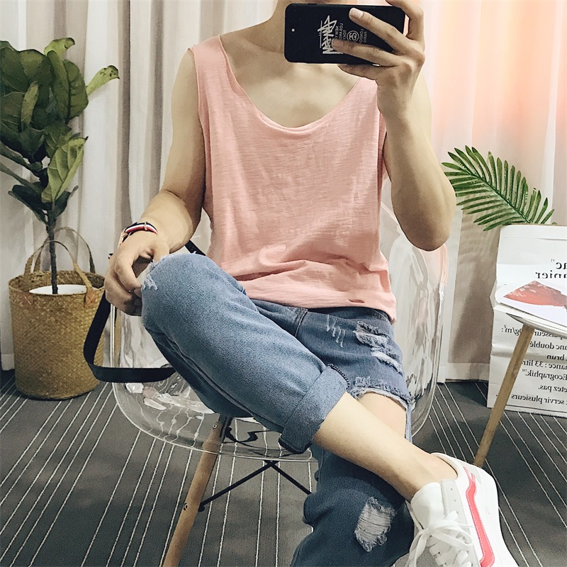 港风夏装薄款 棉背心男韩版宽松纯色破洞休闲汗衫打底无袖T恤
