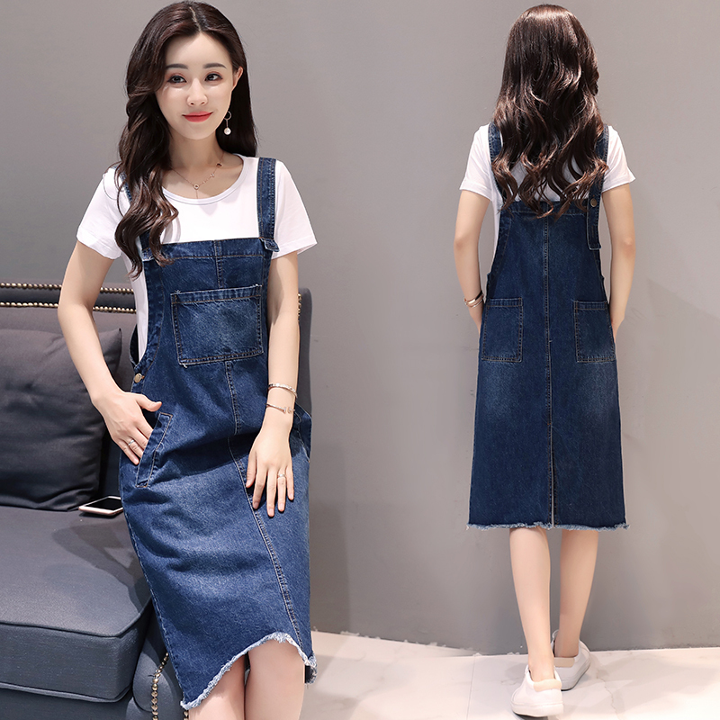 女士夏款新品女韩版百搭甜美t恤修身开叉牛仔背带裙时尚休闲套装