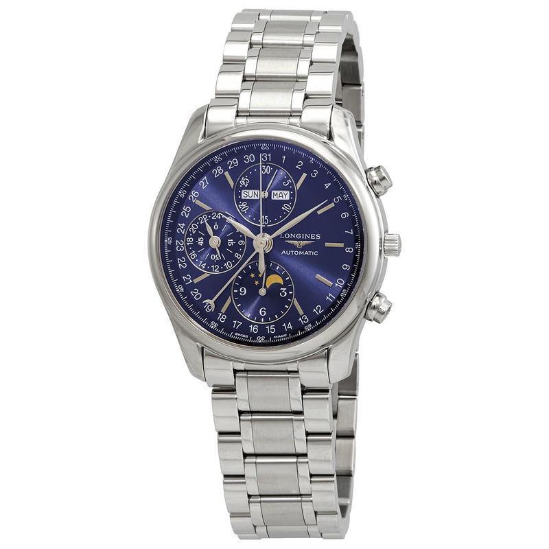 浪琴longines男士机械表名匠系列 三眼计时 月相蓝色表盘钢带男士自动