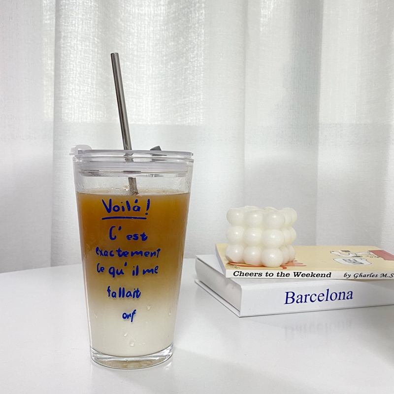 半刻ins风x印花字母吸管杯迈高登x咖啡奶茶冷饮料杯家用带盖玻璃水杯子