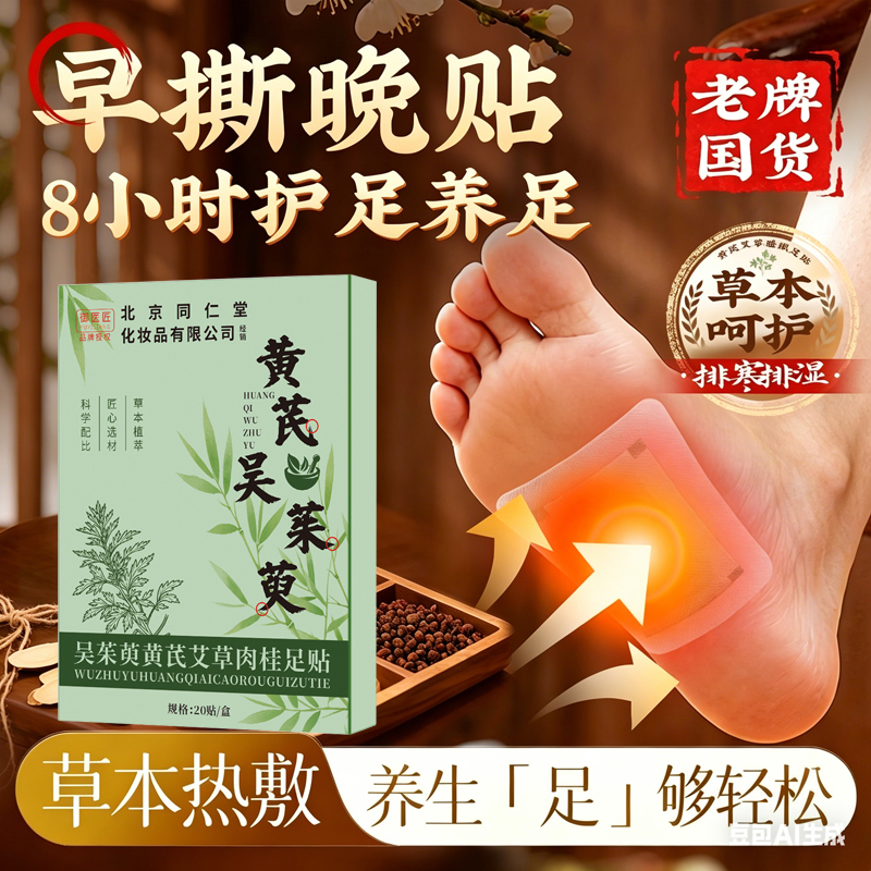 同仁堂老牌国货黄芪艾草足贴改善湿气睡眠差吴茱萸肉桂脚底贴通用2盒装高清大图