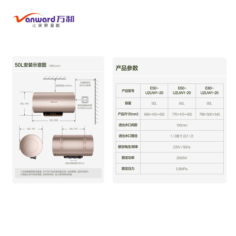 万和(Vanward) 80升电热水器E80-U2UW1-20 储水式电热 智能断电五倍增容 谷峰节能多重安防一级能效