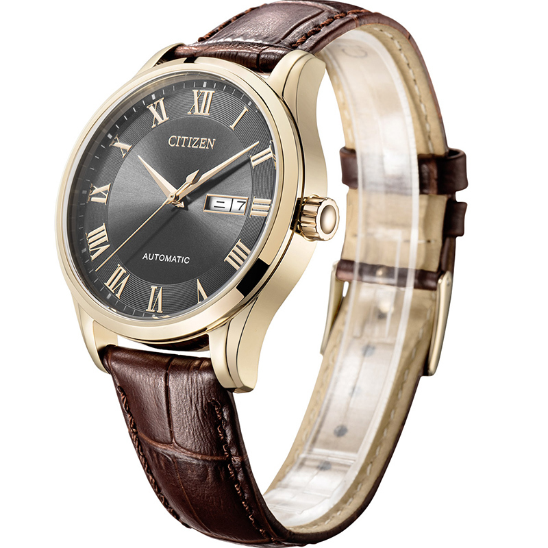 西铁城citizen自动机械小牛皮表带黑色表盘复古休闲男表nh836314hb