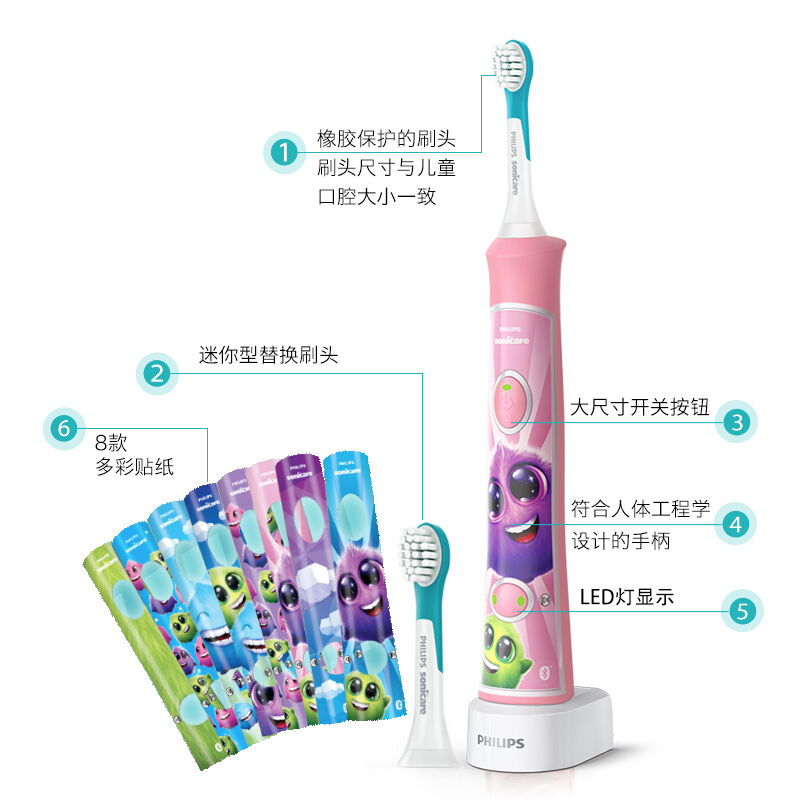 飞利浦(Philips)儿童声波震动牙刷HX6352-43粉色电动牙刷儿童款蓝牙连接互动游戏趣味刷牙生日礼物高清大图
