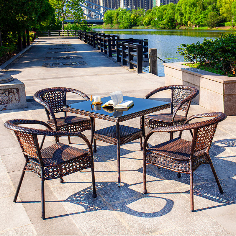 迅众黑色方桌4椅700700750mm庭院露天阳台户外桌椅小茶几室外藤编椅