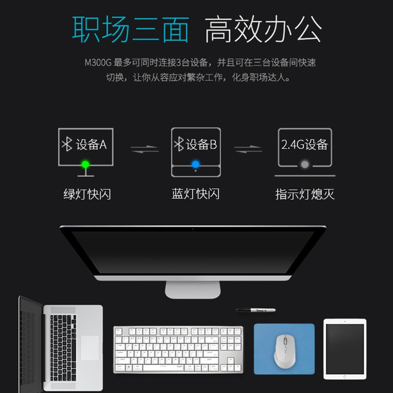 雷柏M300G 深灰色 蓝牙4.0无线鼠标办公游戏台式电脑通用舒适便携鼠标