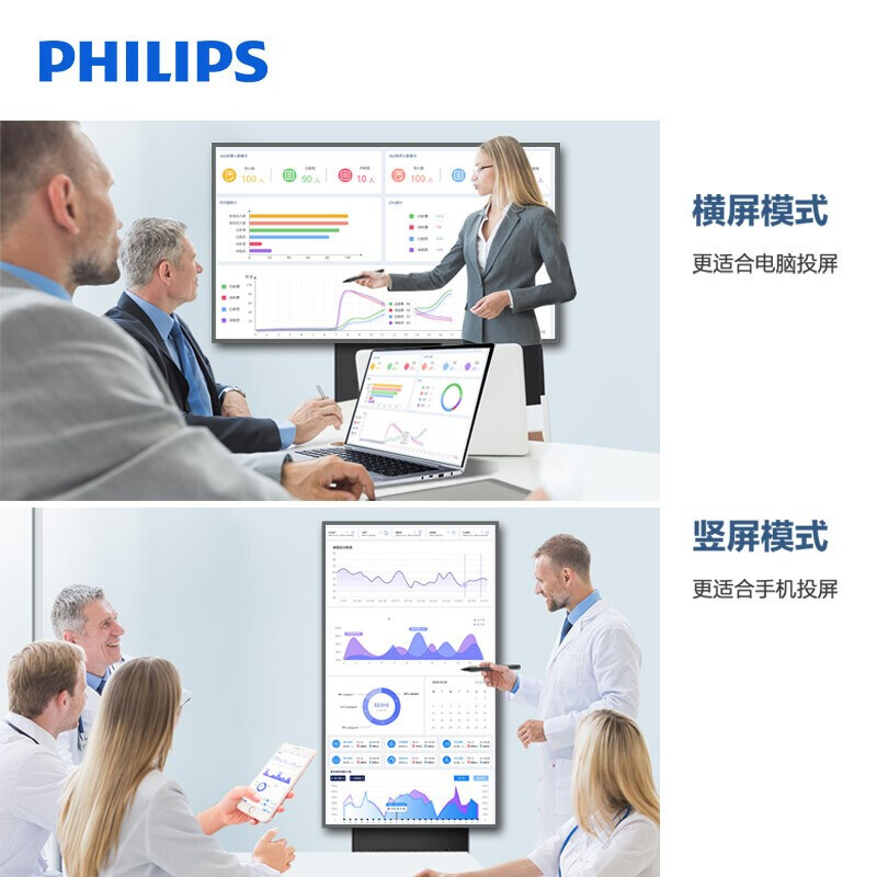 飞利浦会议平板电视65英寸触摸屏智能视频会议一体机电子白板横竖屏旋转显示65BDL2752T高清大图