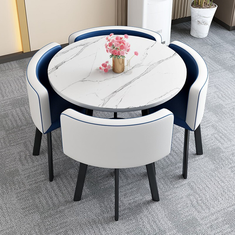 绵冠MIANGUAN洽谈桌椅组合接待桌椅会客桌休息区餐桌椅休闲咖啡桌创意一桌四椅圆桌 圆桌-蓝白皮椅
