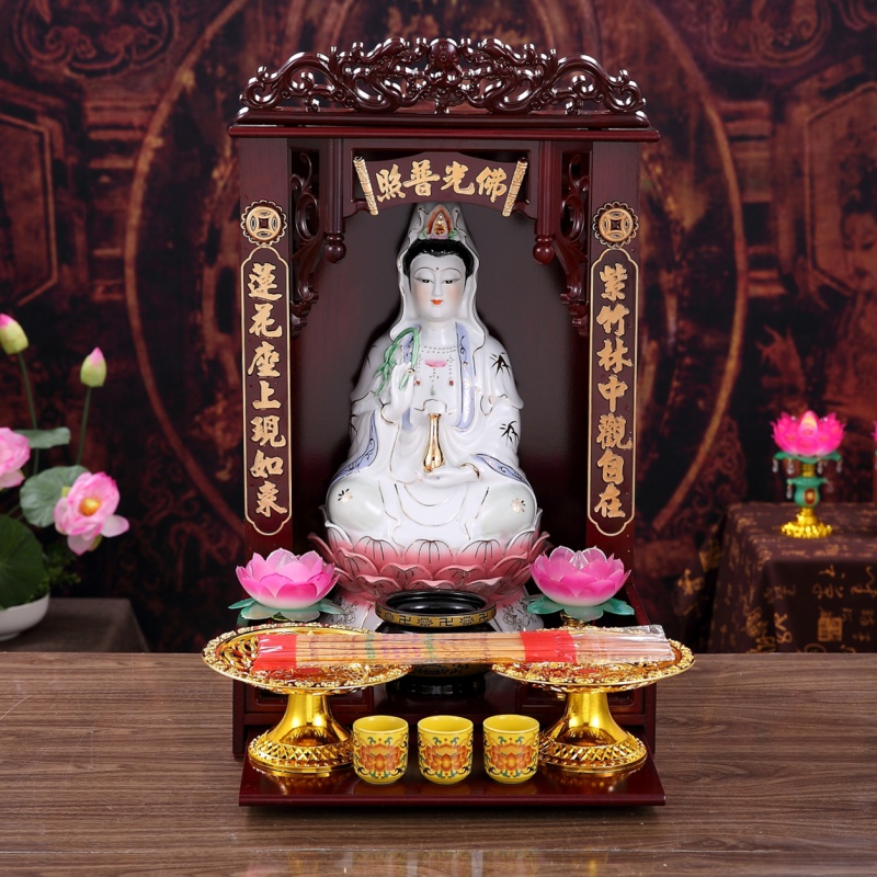 陶瓷南海白玉观音菩萨佛像观音像观世音菩萨供奉居家家用摆件 三维工匠 12寸蓝边观音佛龛全套高清大图