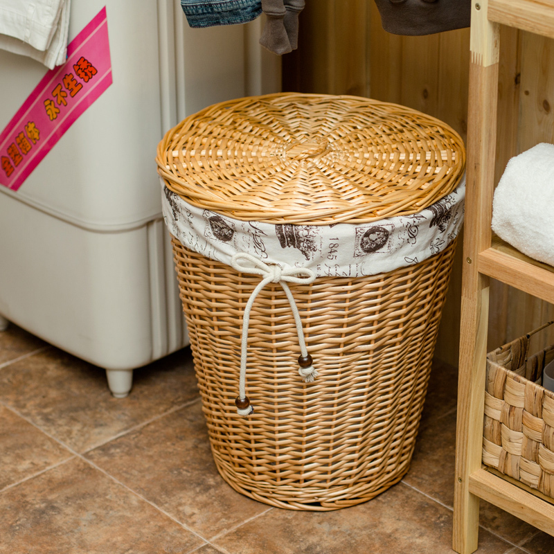 家柏饰(CORATED)脏衣篮藤编有盖衣物脏衣服收纳筐洗衣篮收纳篮柳编脏衣篓编织筐子 浅色筐铁塔布大号有盖：43*32*50CM