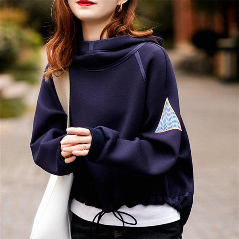 麟名2020秋冬季自带感抗风高领连帽下摆抽绳短款拼接卫衣女