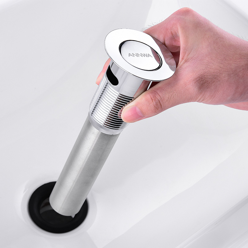 安华卫浴annwa面盆弹跳下水器不锈钢带溢水孔洗脸盆翻板去水器