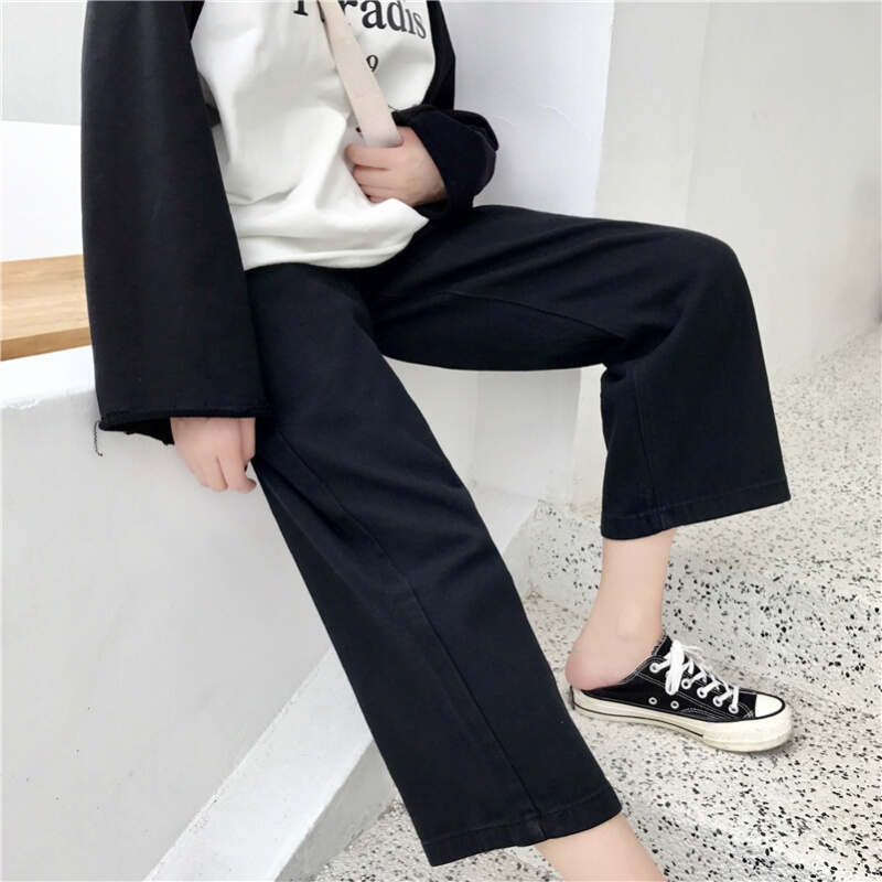 春装女装新款韩版高腰宽松阔腿裤百搭显瘦牛仔裤九分裤长裤学生潮