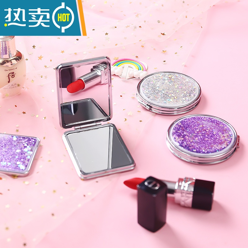 敬平少女心学生流沙双面放大镜子可爱手持小号便携随身翻盖折叠化妆镜 流沙化妆镜-粉色女孩便携式用镜高清大图