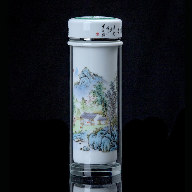 鼎亨陶瓷保温杯青花瓷商务办公礼品茶杯子水晶陶瓷内胆养生水杯