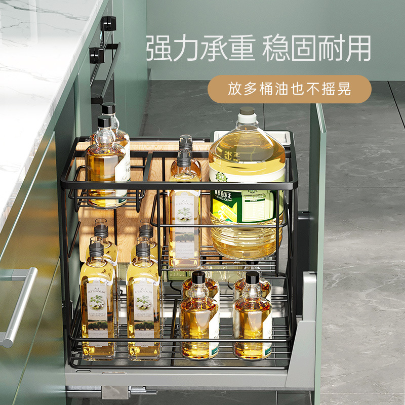 厨房调味拉篮不锈钢橱柜双层调料拉篮抽屉式调味品拉篮滑轨厨房收纳篮调料架调味篮高清大图