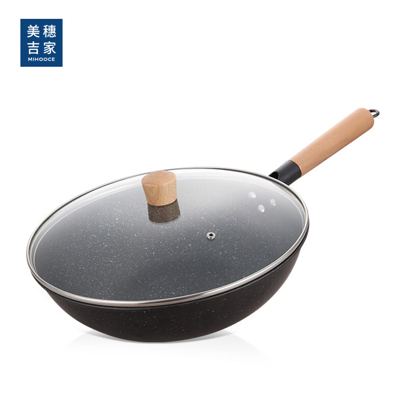 美穗吉家 精铁麦饭石色不粘炒锅 32cm(带锅盖)