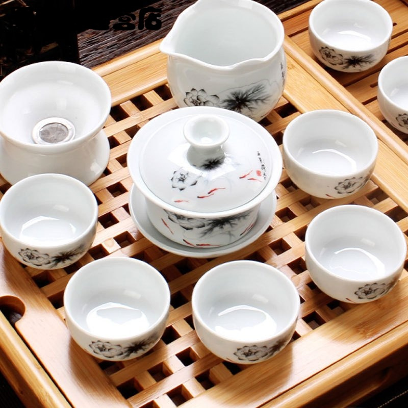 功夫茶具陶瓷茶杯套装白瓷整套青花瓷茶杯盖碗茶具生活日用家庭清洁生活日用家居器皿水具水杯陶瓷茶杯套装