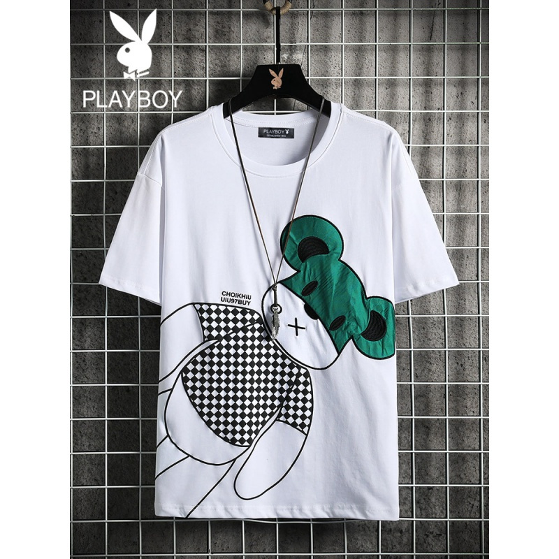 花花公子2022新款短袖T恤男潮牌小熊印花夏季休闲男装圆领上衣潮