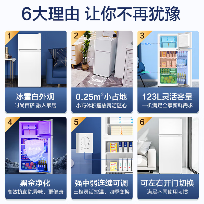 Haier海尔电冰箱123升家用小型 迷你宿舍租房 节能省电两门冰箱 超薄办公室 双门电冰箱