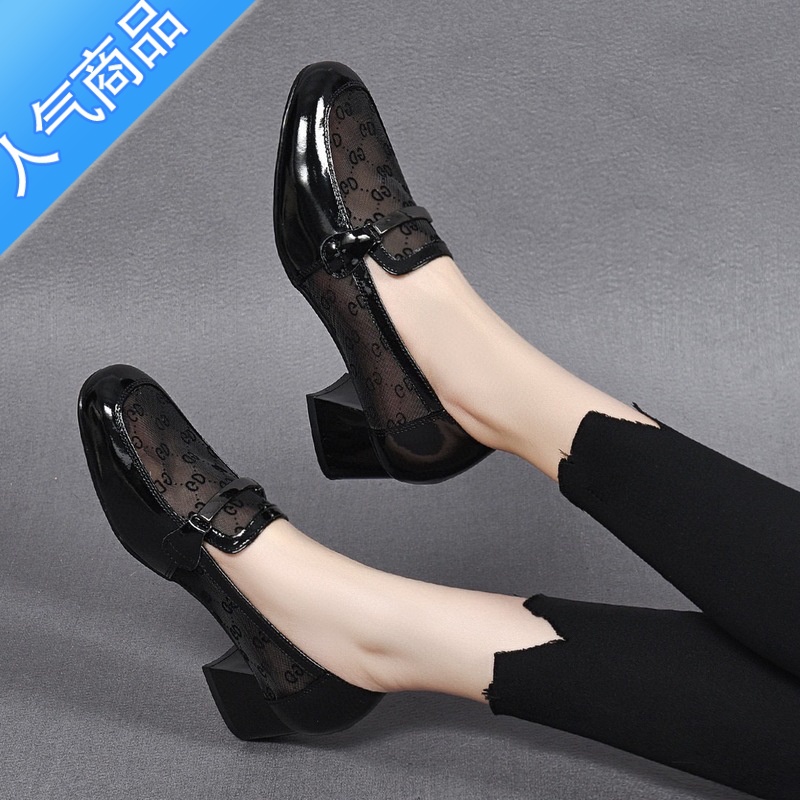 SUNTEK网纱单鞋女2023年夏季新款休闲粗跟乐福鞋透气亮皮英伦小皮气高清大图