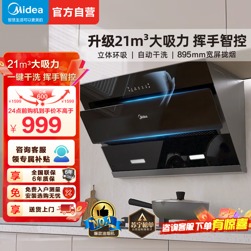 美的(Midea)抽油烟机侧吸式家用厨房油烟机21m³大吸力立体环吸挥手智控自清洗吸油烟机CXW-280-J25S高清大图