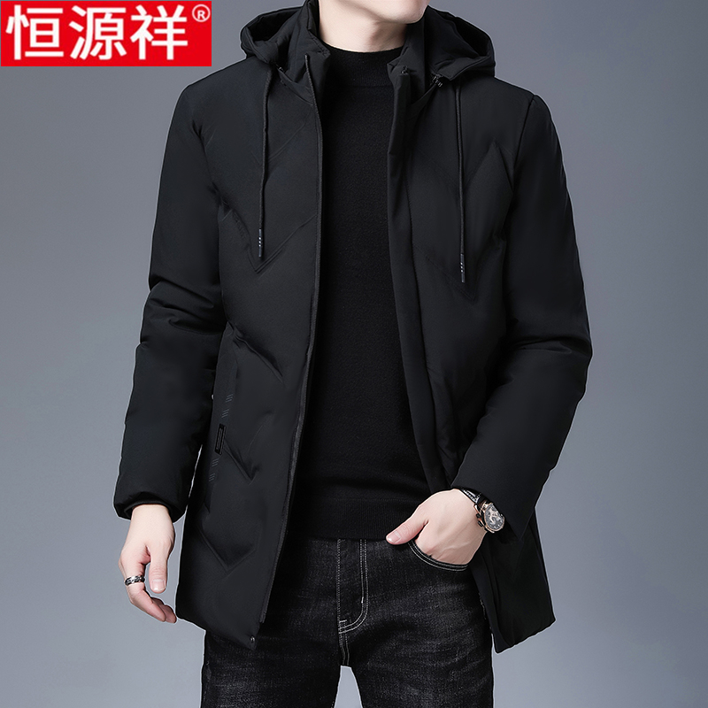 恒源祥中长款连帽棉衣男秋冬新款羽绒棉服加厚休闲风衣保暖外套潮 185 黑色