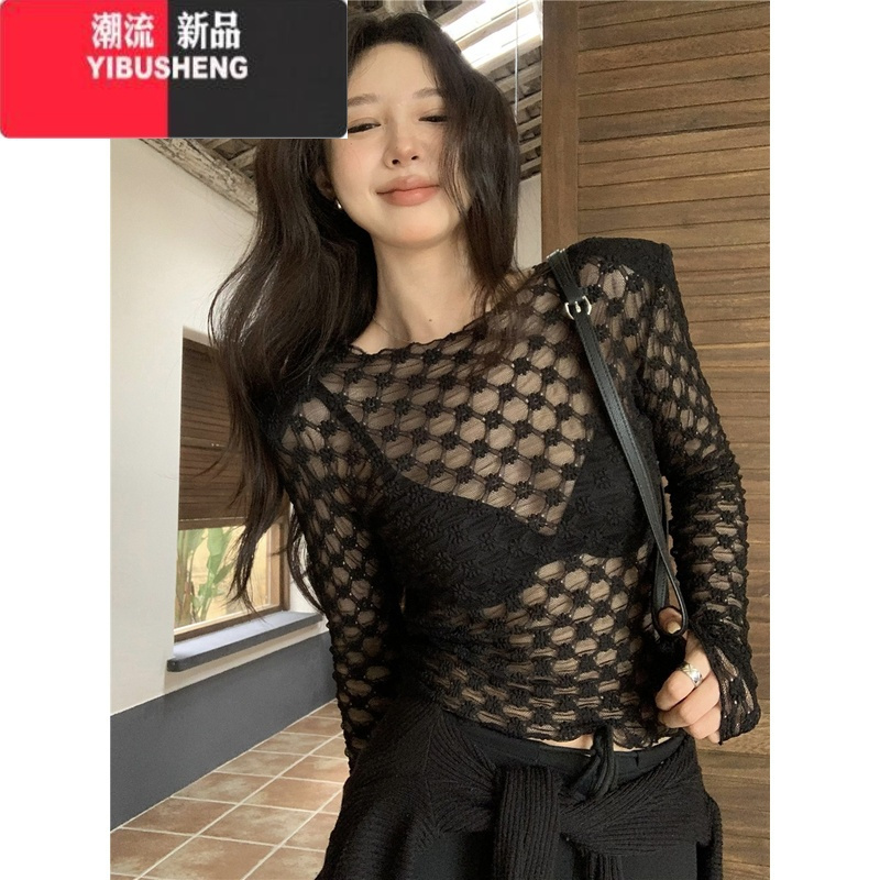 YIBUSHENG辣妹风刺绣网纱长袖T恤女春季小众别致罩衫收腰显瘦上衣