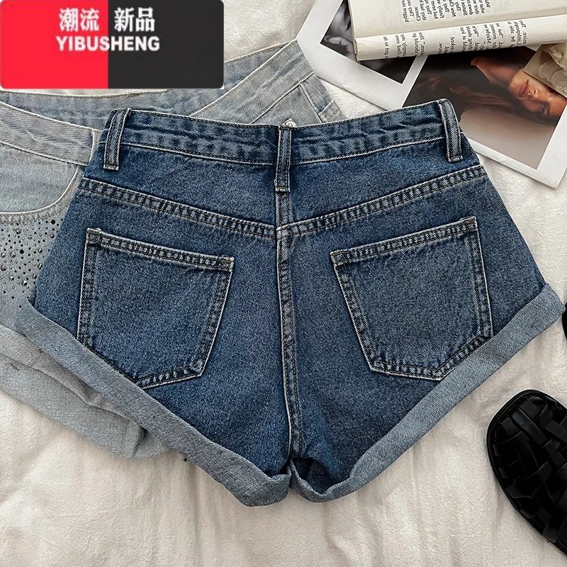 YIBUSHENG复古时尚设计感重工烫钻高腰显瘦牛仔短裤卷边阔腿裤休闲裤热裤女高清大图