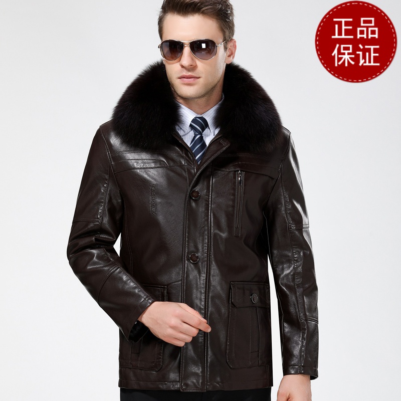 免费试穿 中老年爸爸装外套皮衣带狐狸毛领皮夹克40-50-60岁加绒加厚大口袋2024冬装新款外套潮海宁软皮夹克大码男装高清大图