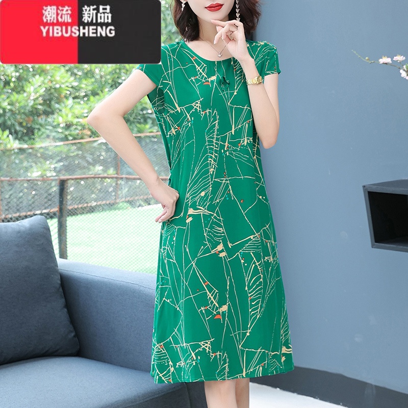 YIBUSHENG2024新款绸女气质时尚宽松印花大码中长人造棉连衣裙外穿妈S高清大图
