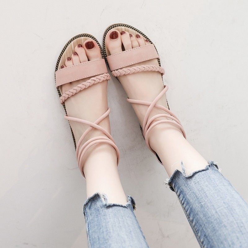 小熊底仙女风凉鞋女平底学生一字带罗马沙滩鞋绑带潮莎丞