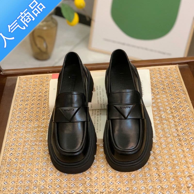 SUNTEK厚底乐福鞋女鞋2023新款春秋季英伦风黑色松糕jk单鞋一脚蹬小皮鞋图片