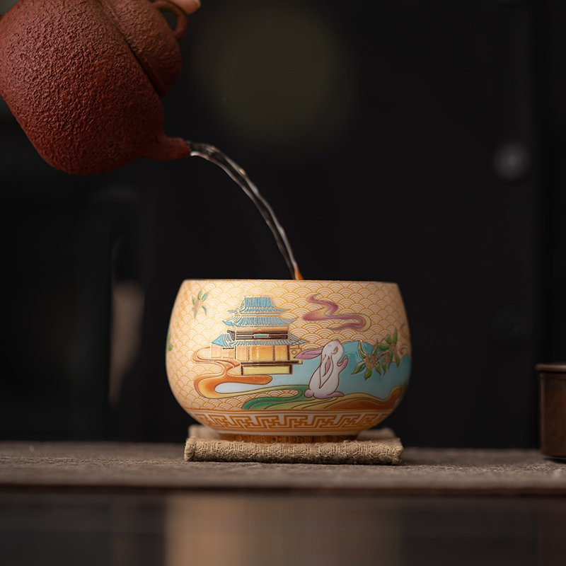 苏氏陶瓷(SUSHI CERAMICS)鎏金玉兔东升主人杯品茗杯个人功夫茶杯
